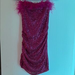 Feathered Sequin Dress in Pink